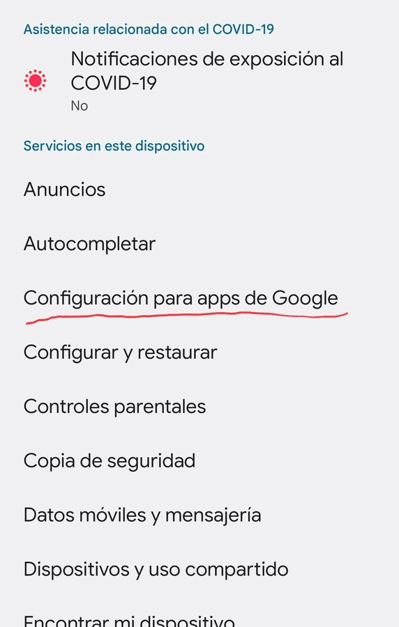 Guía completa de sincronización de contactos en Google 5 Configuración de apps de Google, captura de pantalla.