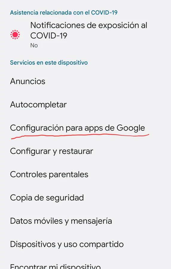 Configuración de apps de Google, captura de pantalla.