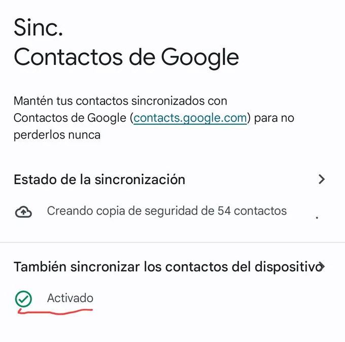 Captura de pantalla de sincronización de contactos en Google