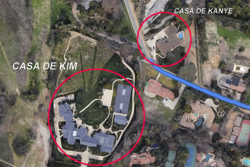 Mapa de la unicación de la casa de Kim Kardashina y la de Kanye West 