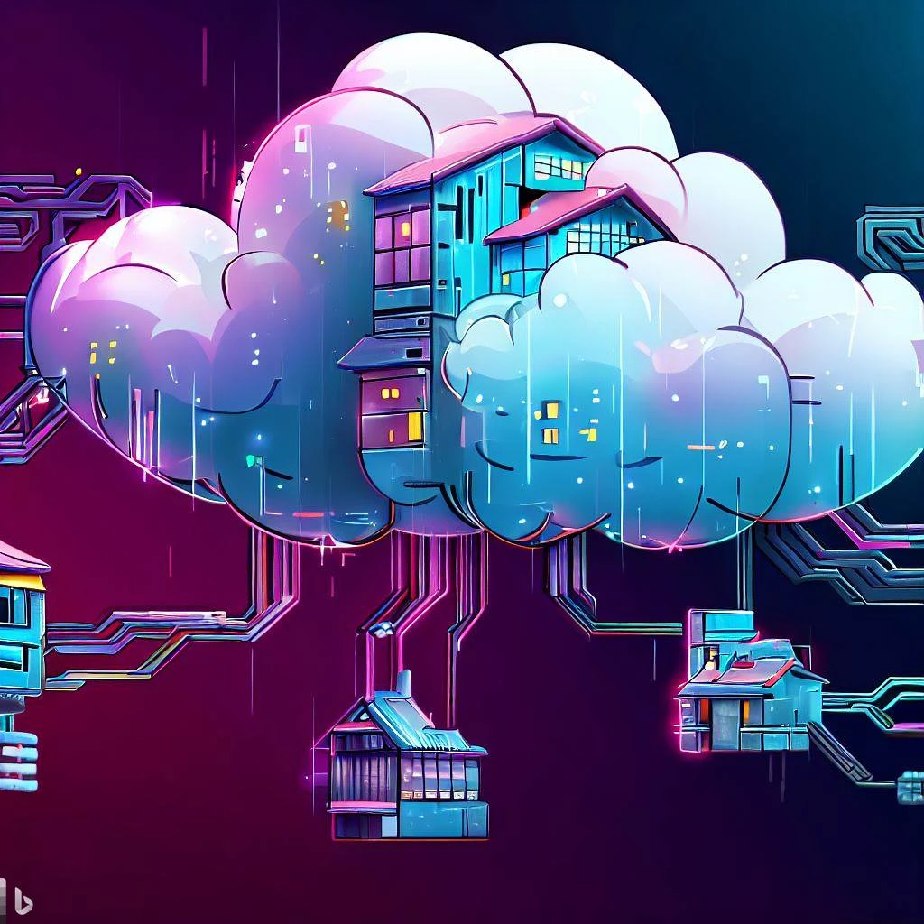 Ilustración de una nube conectada a casas. 
