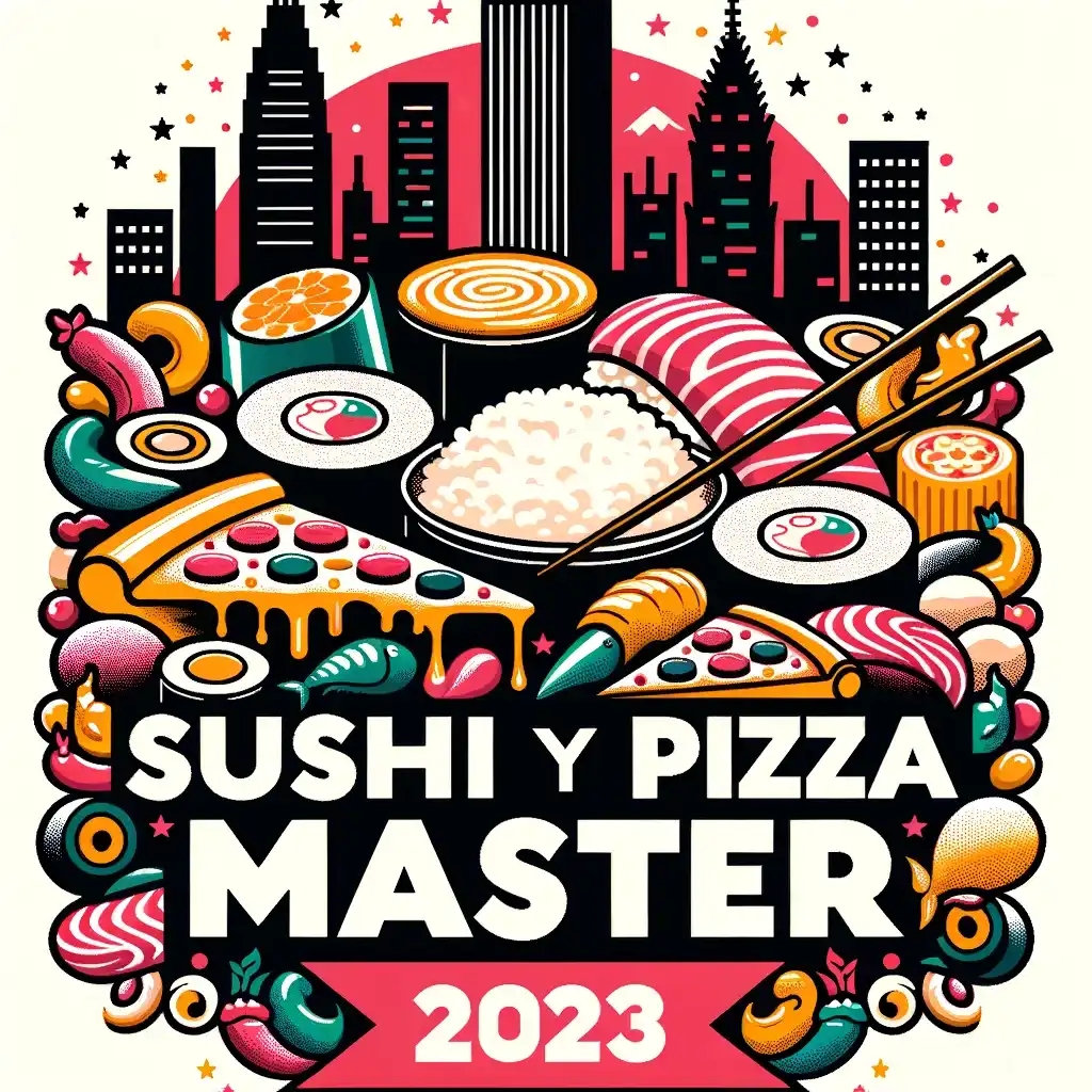 Logo de sushi y pizza master 2023 con una ilustración de pizza y sushi