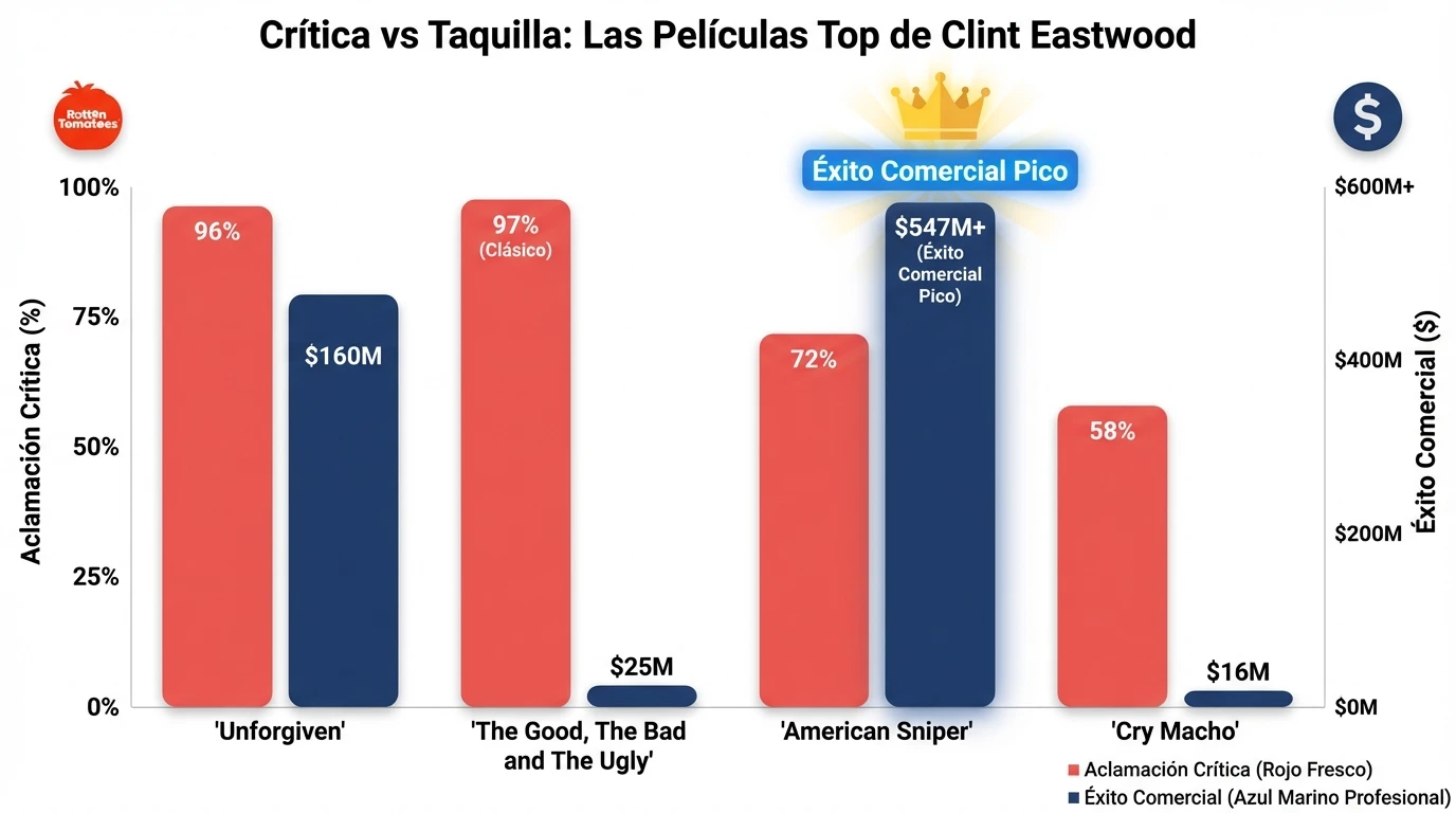Clint Eastwood rumbo al siglo: sus 10 mejores películas y un legado inmortal 2 El fenómeno Eastwood en cifras: Una comparativa visual entre la aclamación de la crítica y el rendimiento masivo en taquilla, destacando la anomalía de 'American Sniper'.