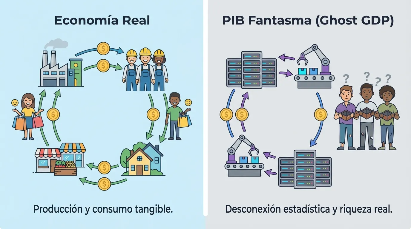 ¿Qué va a pasar con la IA en los próximos 2 años? El relato que aterrorizó a Wall Street 2 Visualización del concepto 'Ghost GDP': cuando la riqueza se queda atrapada en el ciclo de inversión tecnológica y no llega a los hogares.