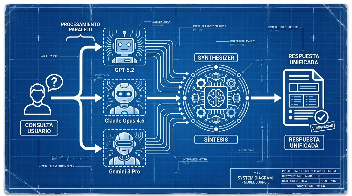 El 'model council' de Perplexity: así funciona la verificación simultánea de IA 1 Diagrama del flujo de trabajo del Model Council: tres modelos procesan la consulta en paralelo antes de la síntesis.