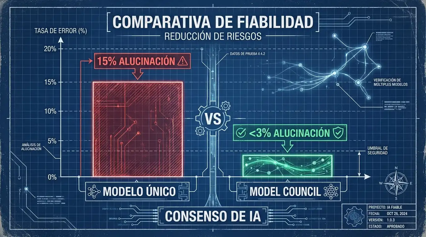 El 'model council' de Perplexity: así funciona la verificación simultánea de IA 2 Comparativa estimativa de la reducción de alucinaciones al utilizar un sistema de consenso frente a un modelo único.