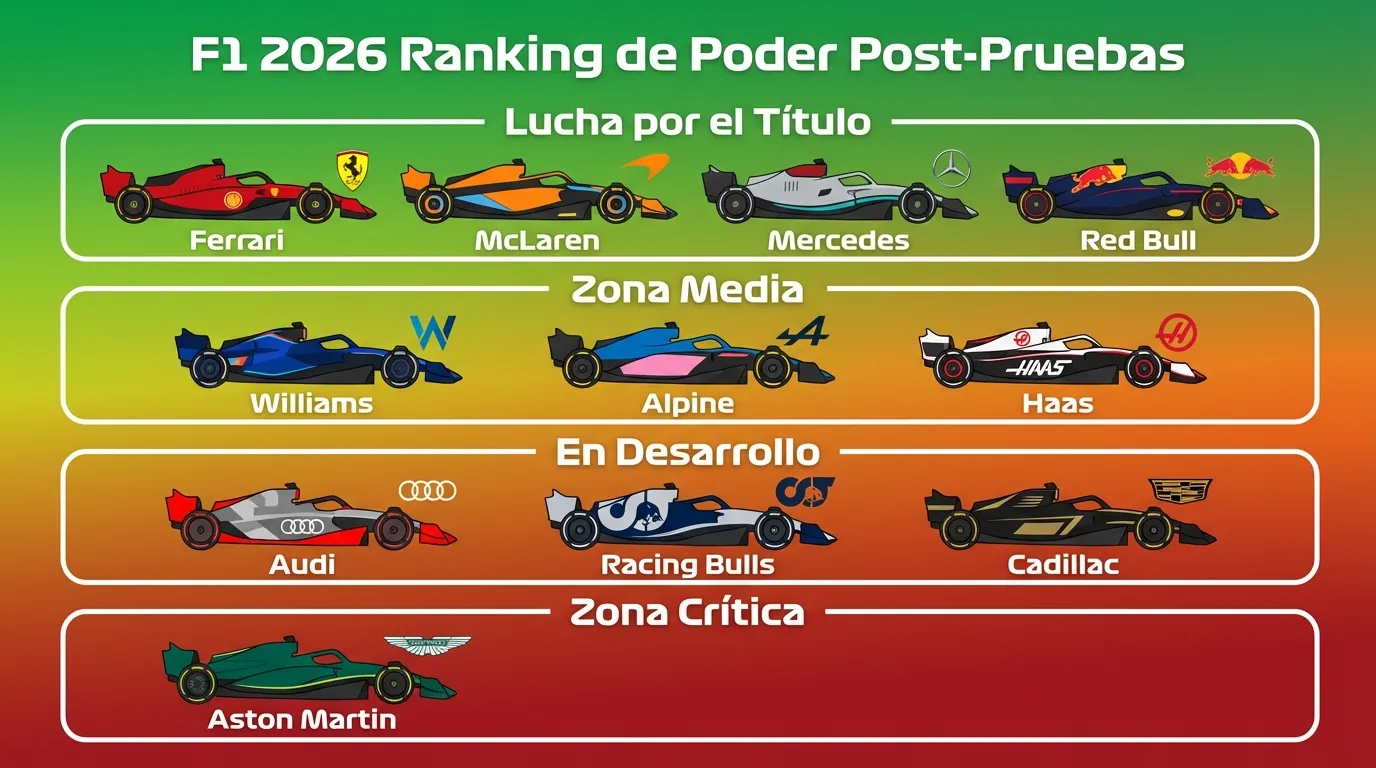 El ranking definitivo de la F1 tras los test de pretemporada 2026 1 Ranking de poder estimado para el inicio de la temporada 2026. Ferrari lidera un grupo de cabeza muy compacto, mientras la zona media se comprime.