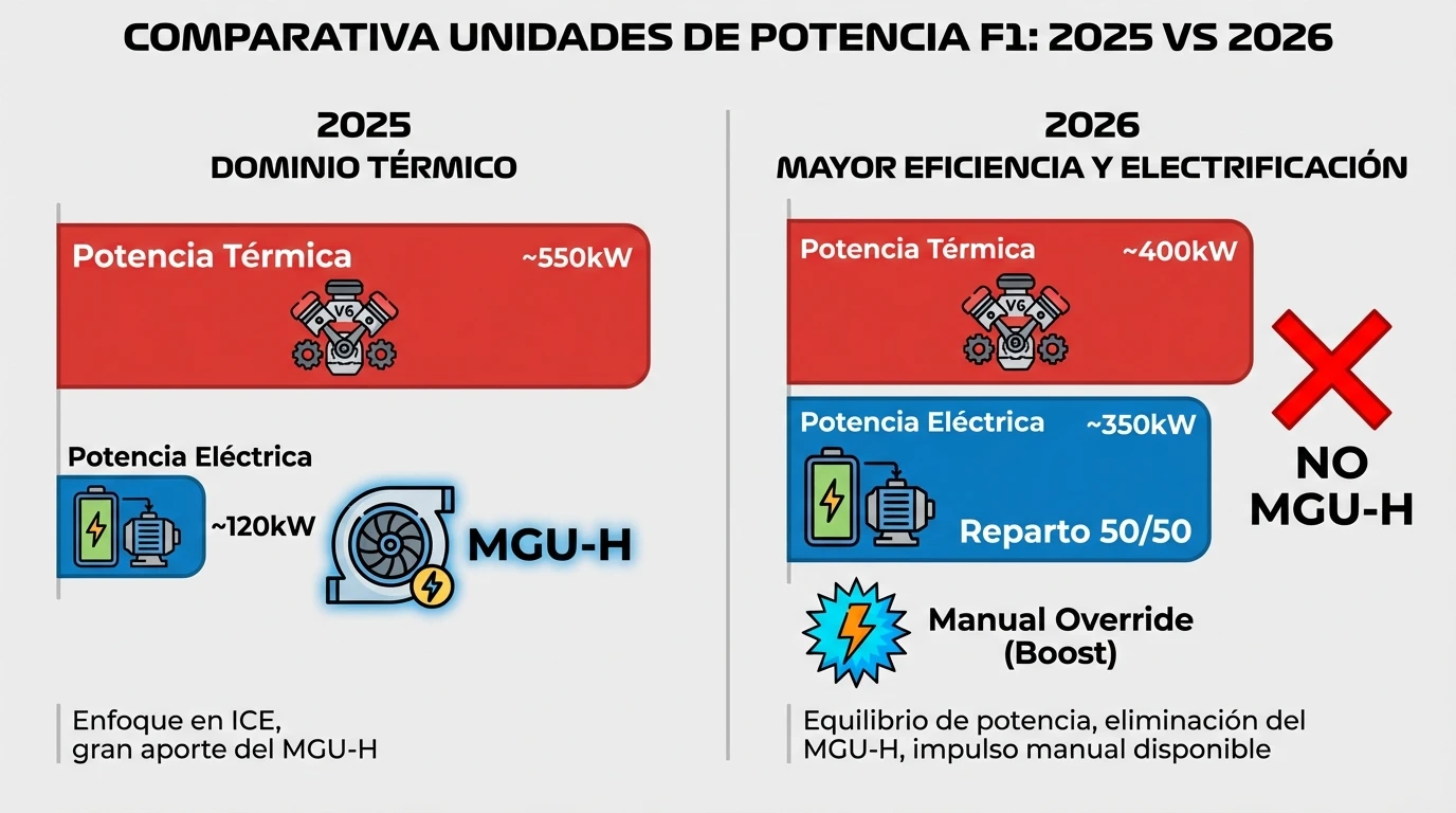 F1 2026: ¿las carreras serán aburridas? 1 Comparativa de la Unidad de Potencia: El cambio radical hacia un reparto de energía 50/50 y la triplicación de la potencia eléctrica en 2026.