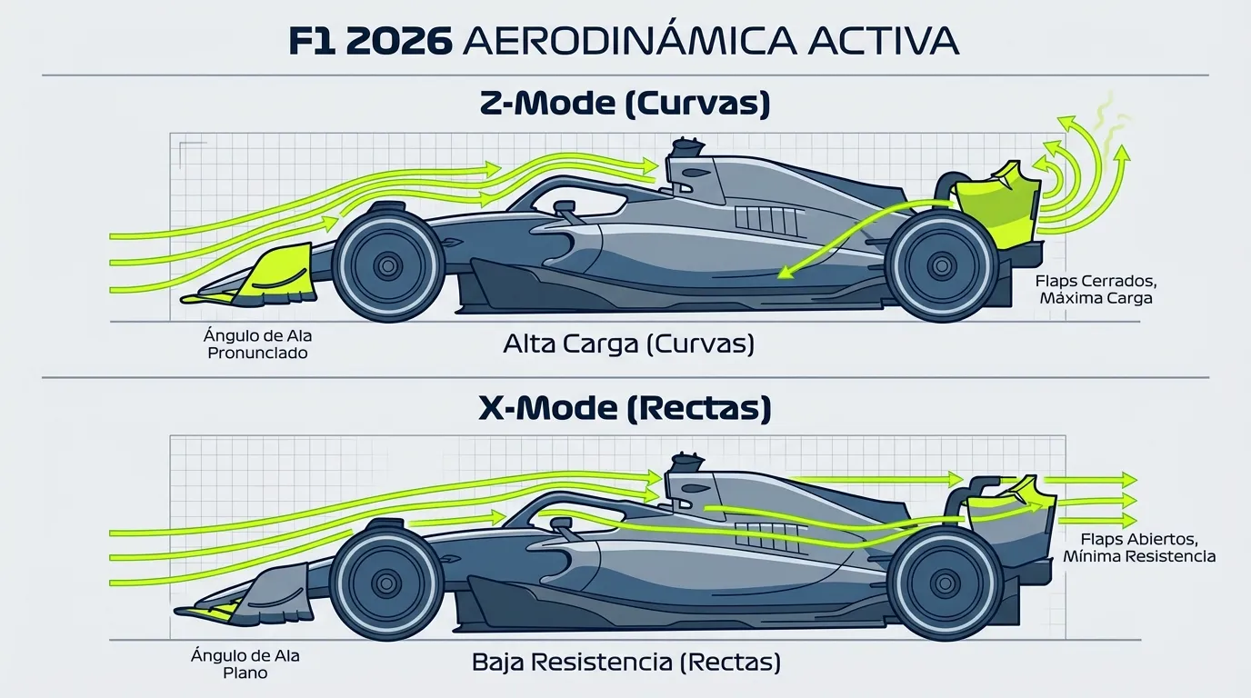 F1 2026: ¿las carreras serán aburridas? 2 Funcionamiento de la Aerodinámica Activa: Diferencias clave entre el Z-Mode para el paso por curva y el X-Mode para velocidad punta en rectas.