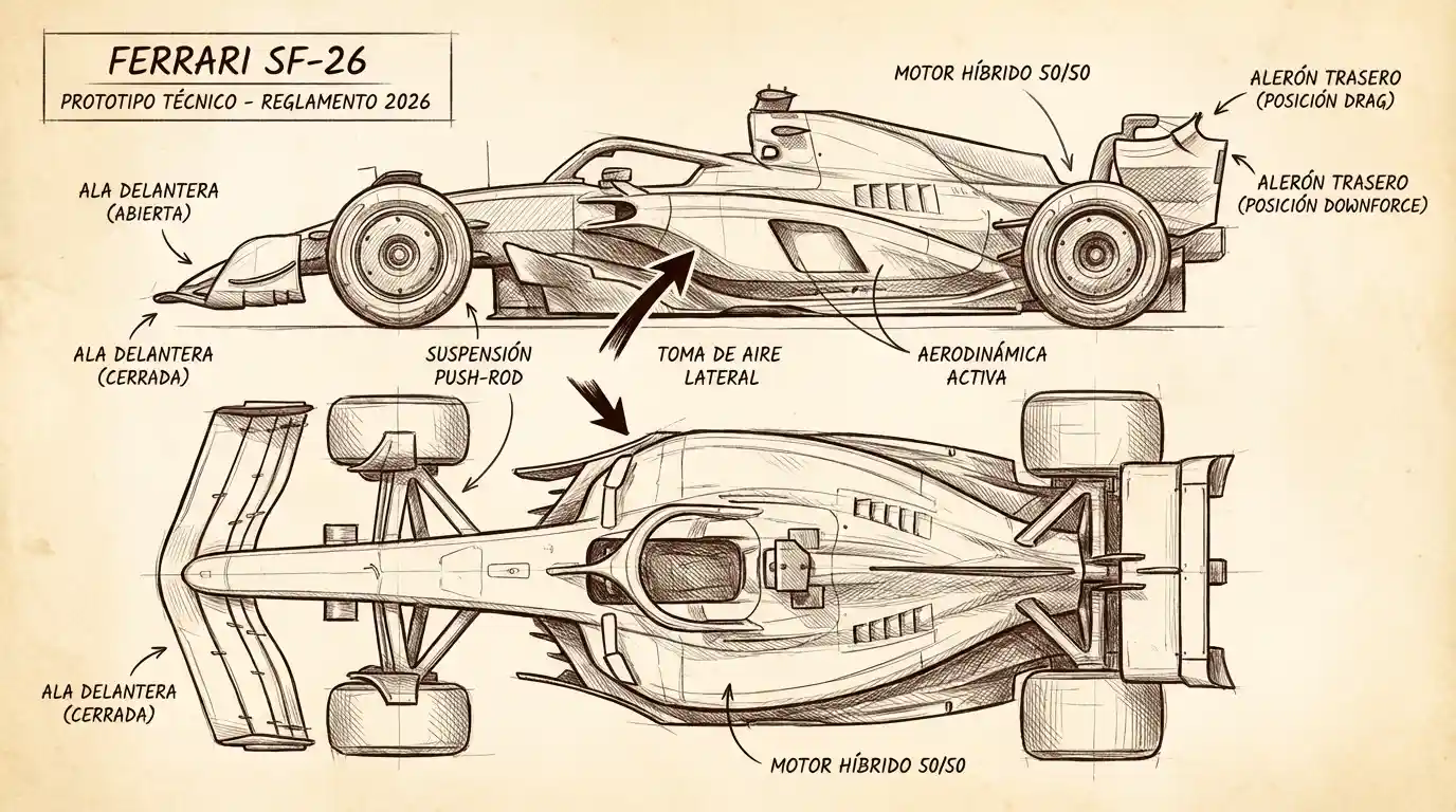 Bahréin 2026: ¿el renacer de Ferrari con el SF-26? 1 Esquema técnico del nuevo Ferrari SF-26 mostrando las adaptaciones clave al reglamento de 2026, incluyendo la suspensión push-rod y los elementos de aerodinámica activa.