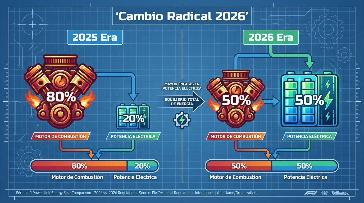 La verdad oculta tras la crítica de Verstappen a la F1 de 2026 1 La transformación del corazón de la F1: El drástico aumento de la potencia eléctrica define las reglas de 2026.