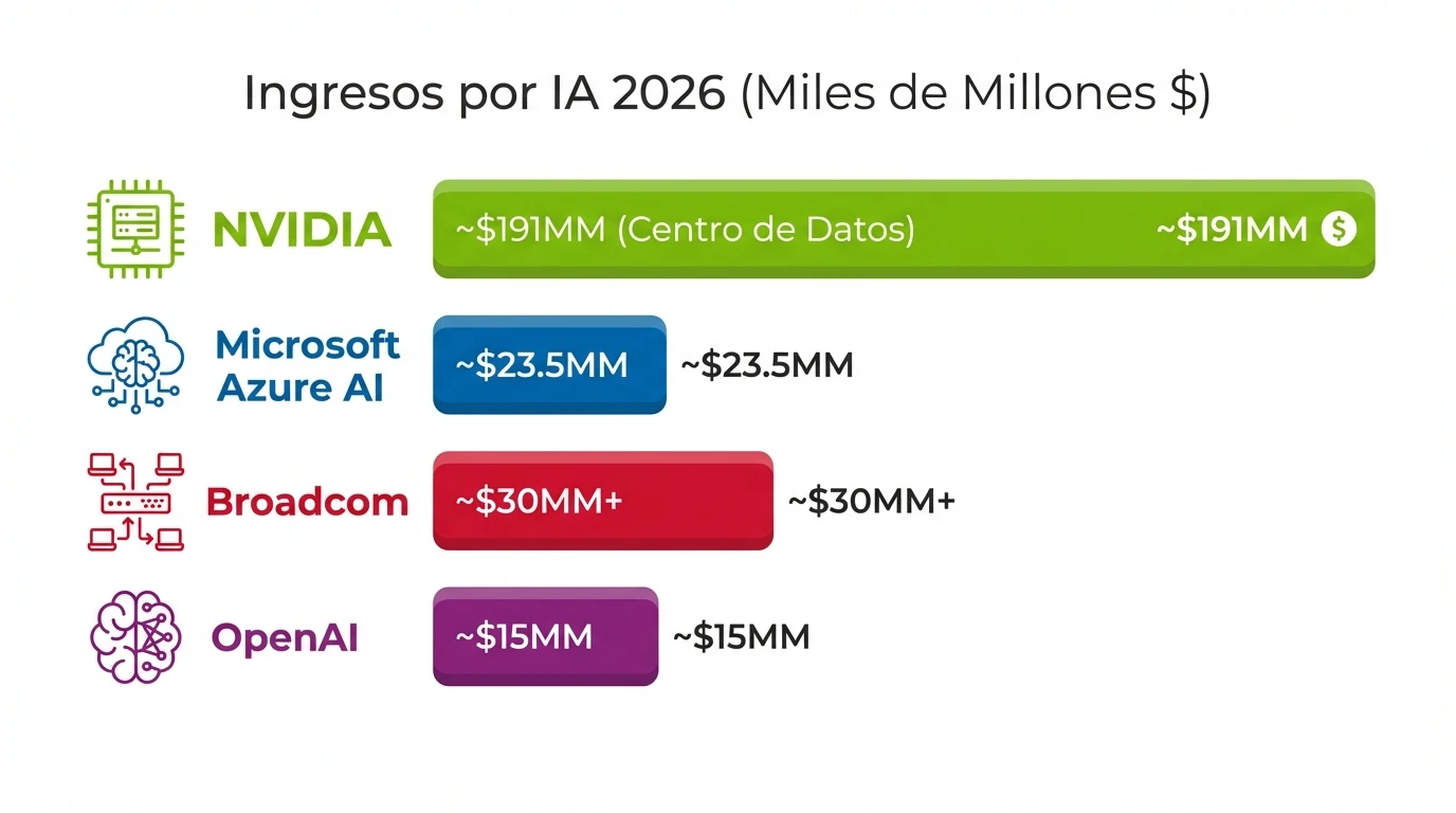 Las 10 empresas líderes en ingresos por IA en 2026 1 Comparativa de ingresos específicos por Inteligencia Artificial proyectados para 2026 entre los principales actores puros y de infraestructura.