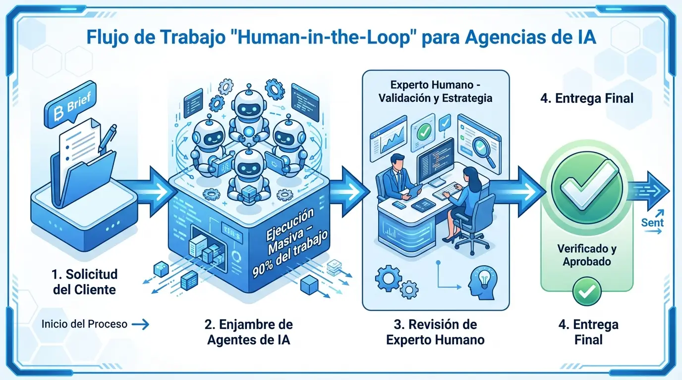 Por qué Y Combinator ahora apuesta por las agencias nativas de IA 2 El modelo operativo ganador no es 100% automático. La supervisión humana estratégica garantiza la calidad que permite cobrar tarifas premium.