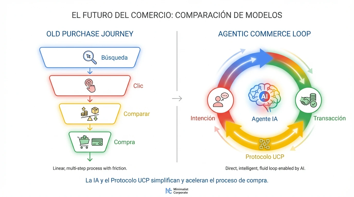 Evolución del modelo de compra: Del embudo lineal manual al ciclo fluido del Comercio Agéntico impulsado por IA.
