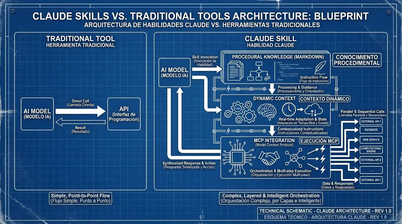 ¿Qué son los 'skills' de Claude? Definido de forma sencilla 1 Arquitectura comparativa: Mientras una herramienta es una función aislada, un Skill es un ecosistema completo de instrucciones, contexto y ejecución.