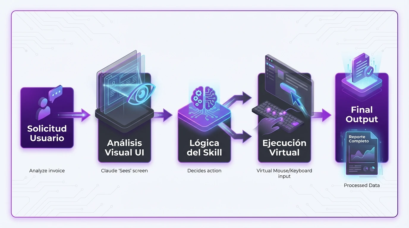¿Qué son los 'skills' de Claude? Definido de forma sencilla 2 El ciclo de vida de una acción agéntica: Cómo Claude percibe, razona y actúa sobre interfaces gráficas utilizando sus Skills.