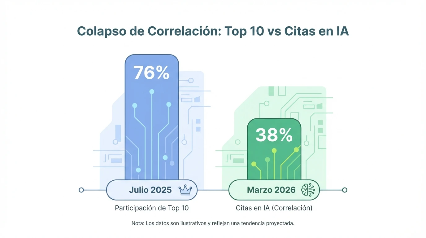 ¿Cómo lograr aparecer en los AI Overviews en 2026? Análisis 1 Comparativa de la caída en la correlación entre páginas en el Top 10 y su aparición en AI Overviews entre 2025 y 2026.