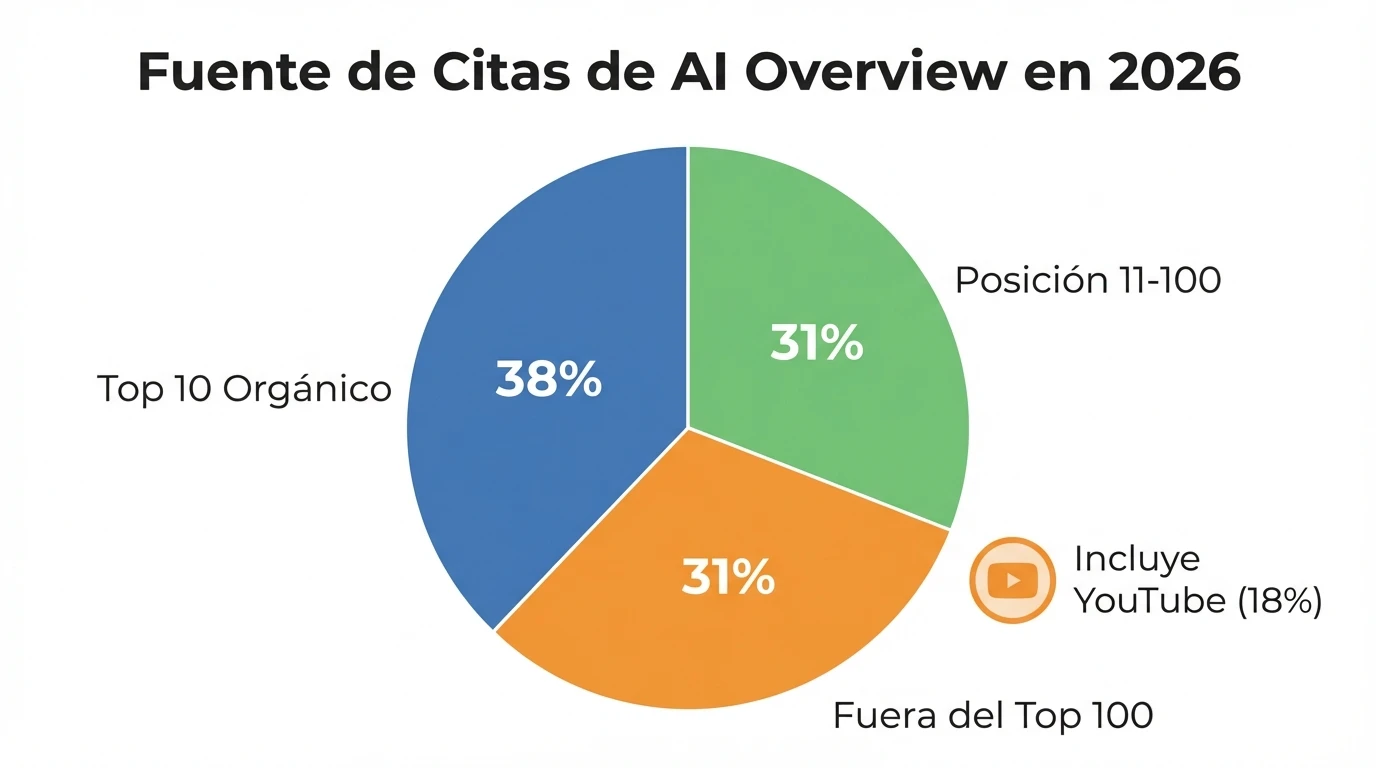 ¿Cómo lograr aparecer en los AI Overviews en 2026? Análisis 2 Distribución del origen de las citas en AI Overviews en 2026: La mayoría de las fuentes ya no provienen de la primera página de Google.