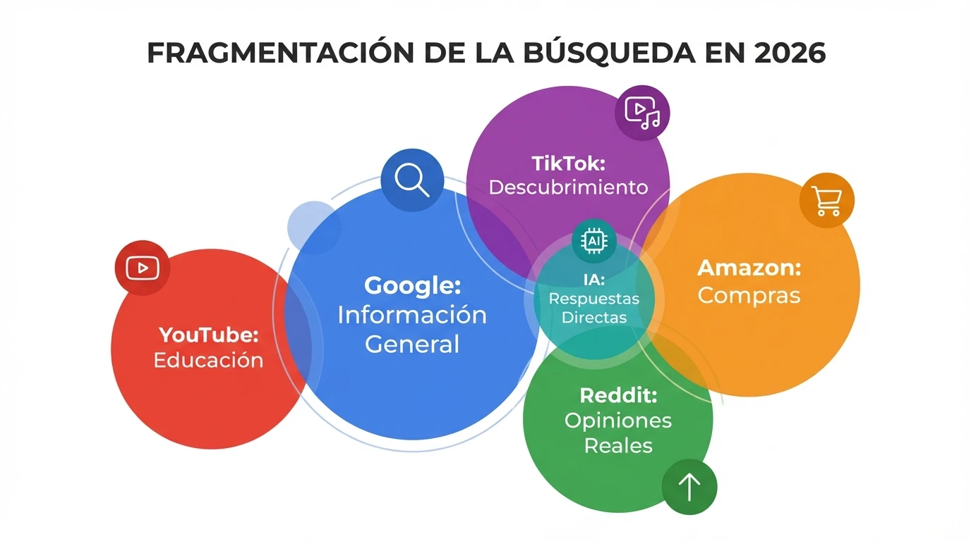 Uso de Google cae: la búsqueda ahora está en todas partes / Análisis 1 La fragmentación de la búsqueda: Aunque Google sigue siendo el líder en volumen, la intención del usuario se ha dispersado hacia plataformas especializadas como Amazon para compras y TikTok para descubrimiento.