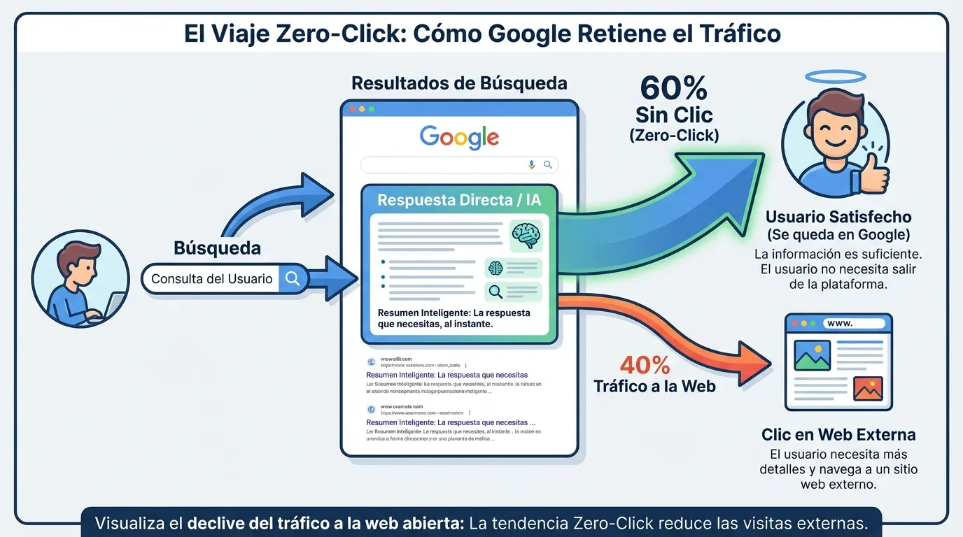 Uso de Google cae: la búsqueda ahora está en todas partes / Análisis 2 El fenómeno 'Zero-Click': Según datos de SparkToro, casi el 60% de las búsquedas en Google terminan sin que el usuario haga clic en ningún enlace, ya que la plataforma responde directamente la consulta.
