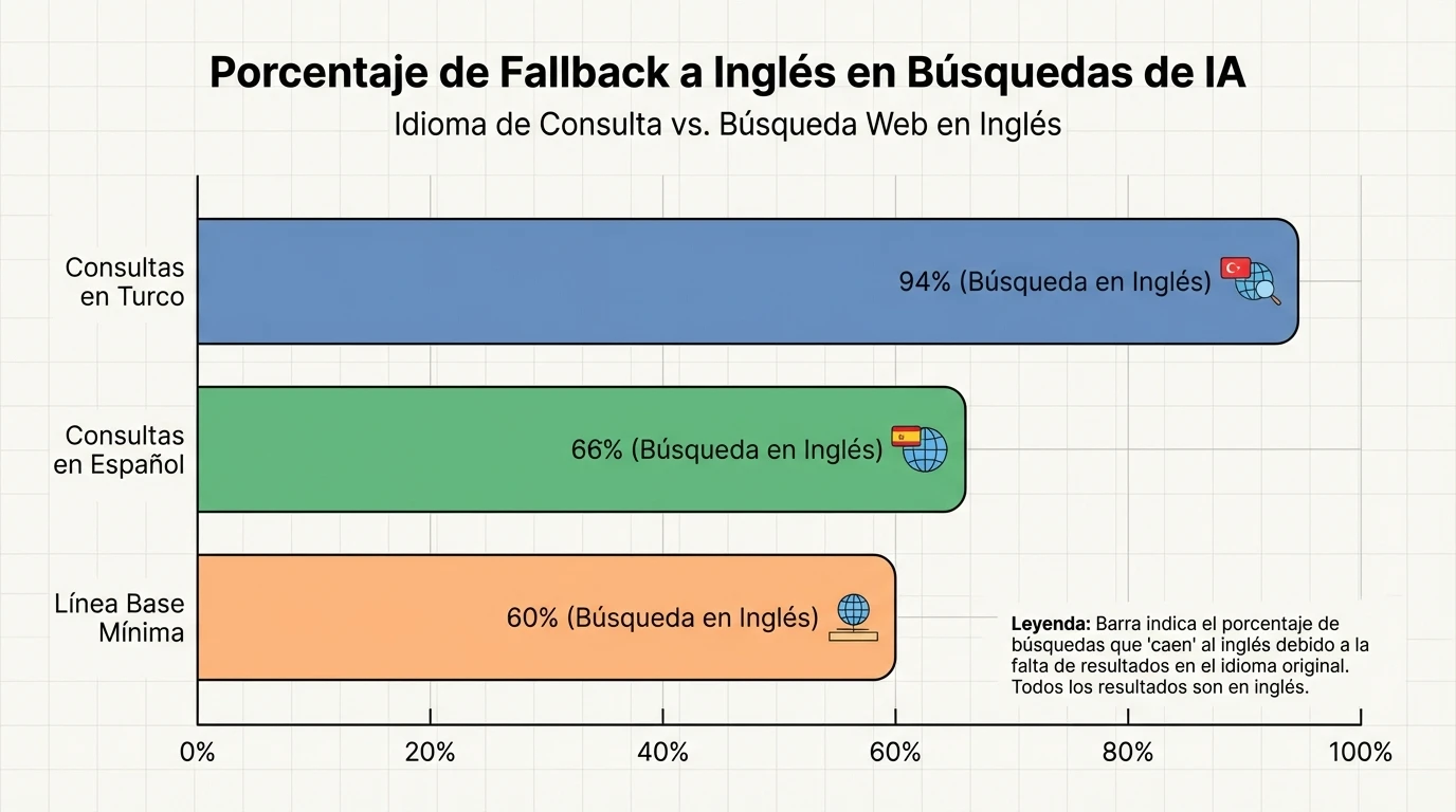 El fin del query fan-out en ChatGPT y el impacto SEO 2 Gráfico de datos sobre la transición al idioma inglés en las subconsultas de sistemas generativos.