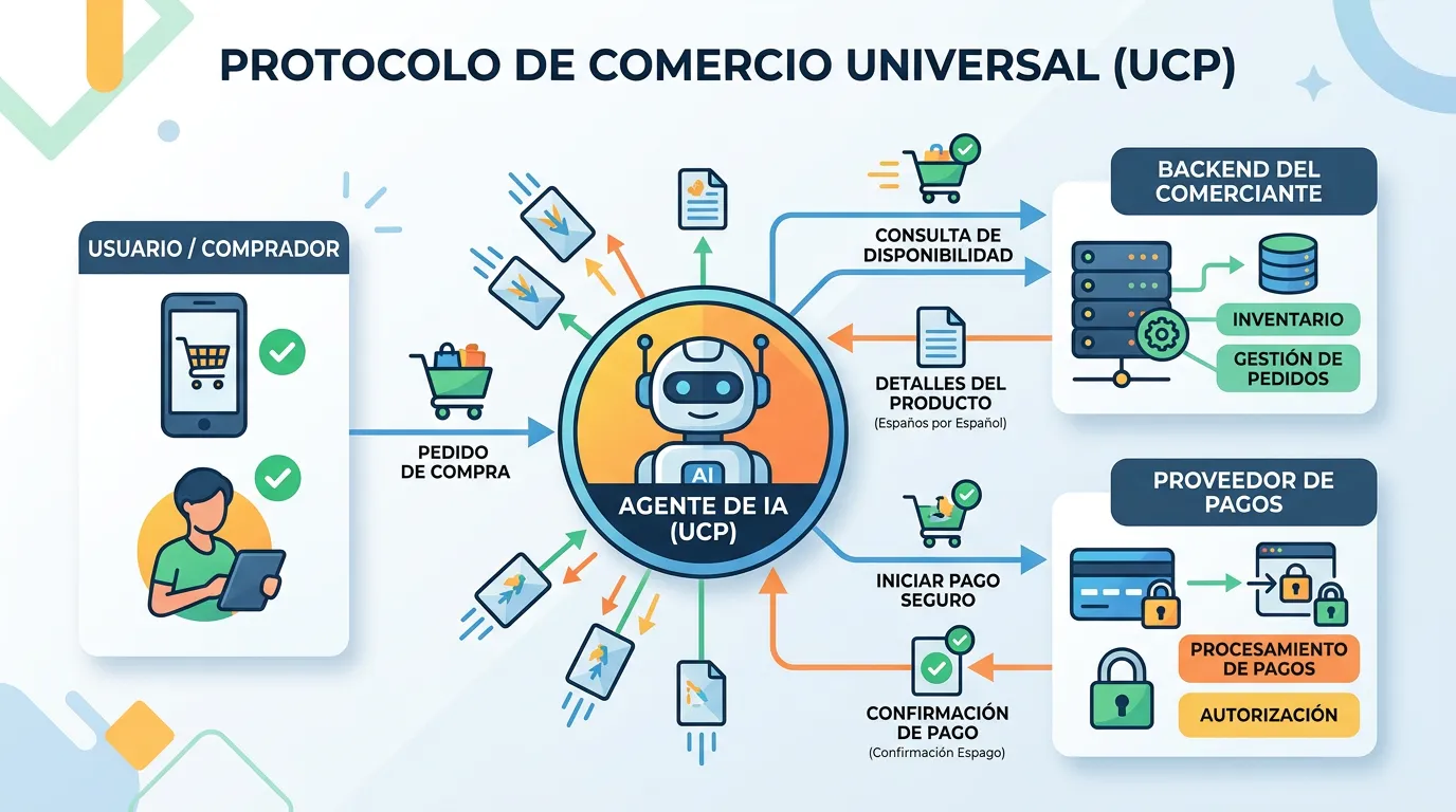 La epopeya de Google para vencer en la guerra de la IA 2 Arquitectura y flujo de datos del Protocolo de Comercio Universal en el comercio agéntico.