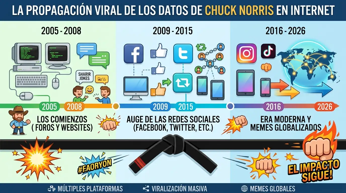 Las mejores películas y frases del eterno Chuck Norris 1 Línea de tiempo documentada del fenómeno digital 'Chuck Norris facts' desde los foros de 2005 hasta su pervivencia en 2026.