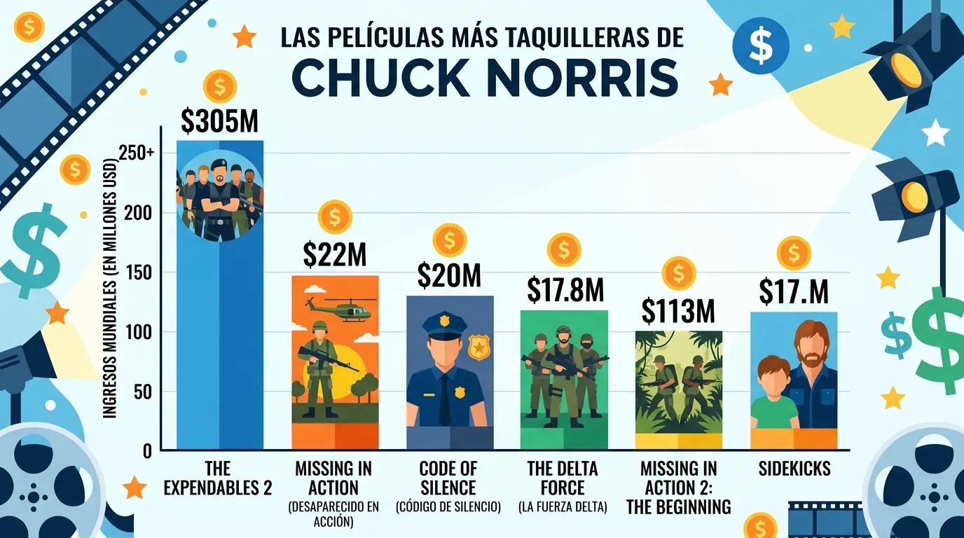 Las mejores películas y frases del eterno Chuck Norris 2 Gráfico de barras con la recaudación en taquilla de las producciones cinematográficas más representativas del actor.