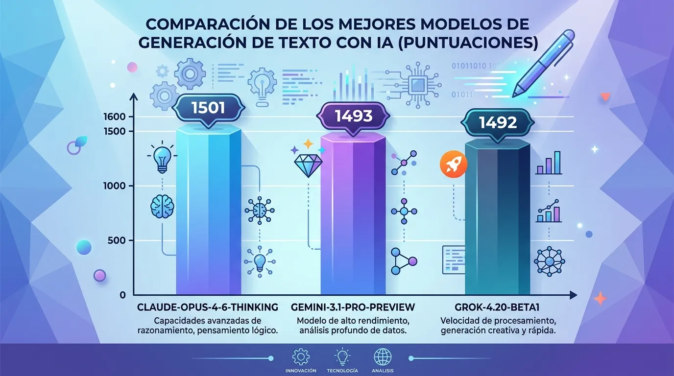 Ranking de los mejores modelos de IA en marzo de 2026 1 Comparativa de las puntuaciones líderes en la categoría de generación de texto según IArena (Marzo 2026).