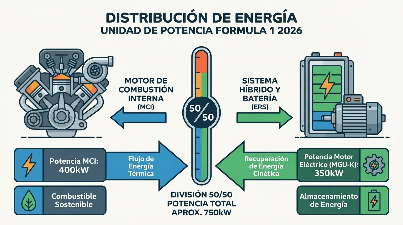 Resumen y análisis del Gran Premio de Australia F1 2026 1 Distribución de energía del motor híbrido de Fórmula 1 bajo el reglamento técnico de 2026.