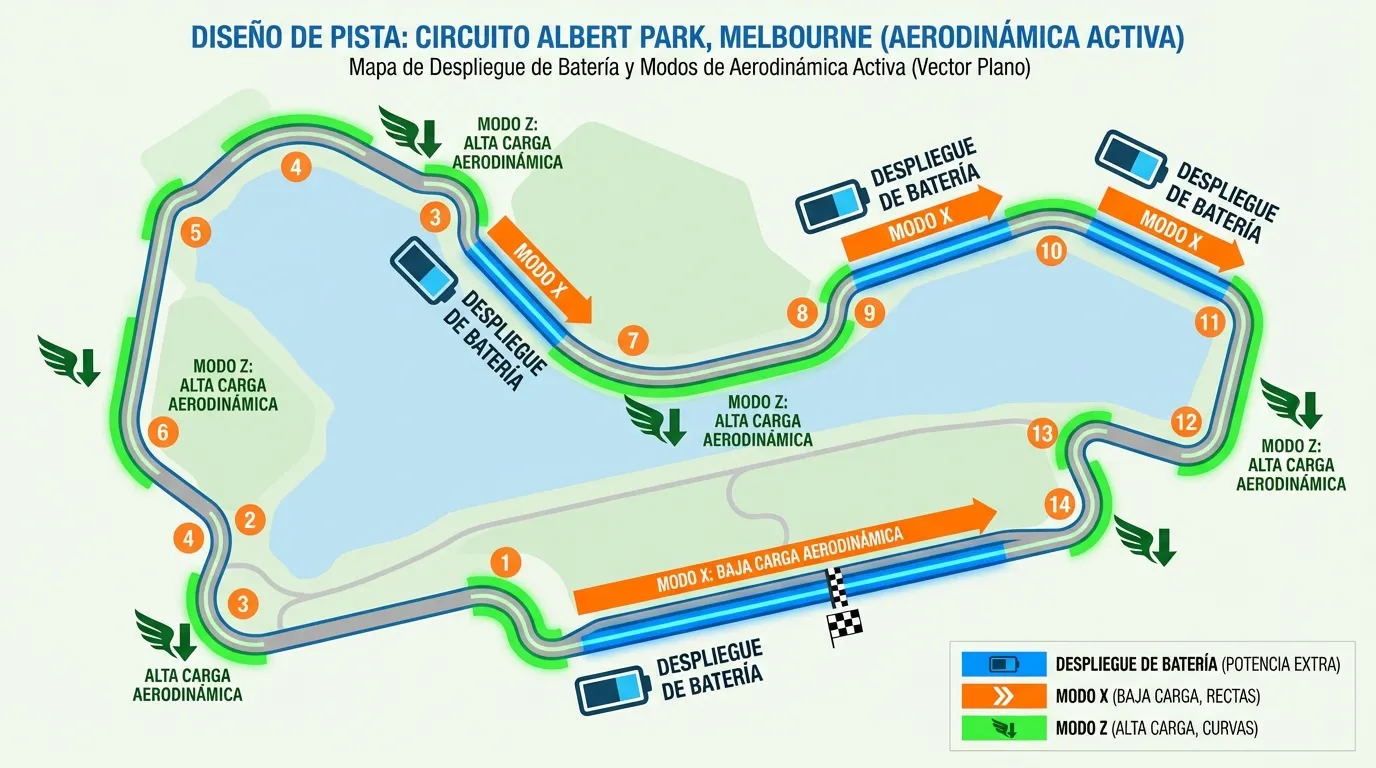Resumen y análisis del Gran Premio de Australia F1 2026 2 Mapa del circuito de Albert Park detallando las zonas de despliegue de energía y uso de aerodinámica activa.