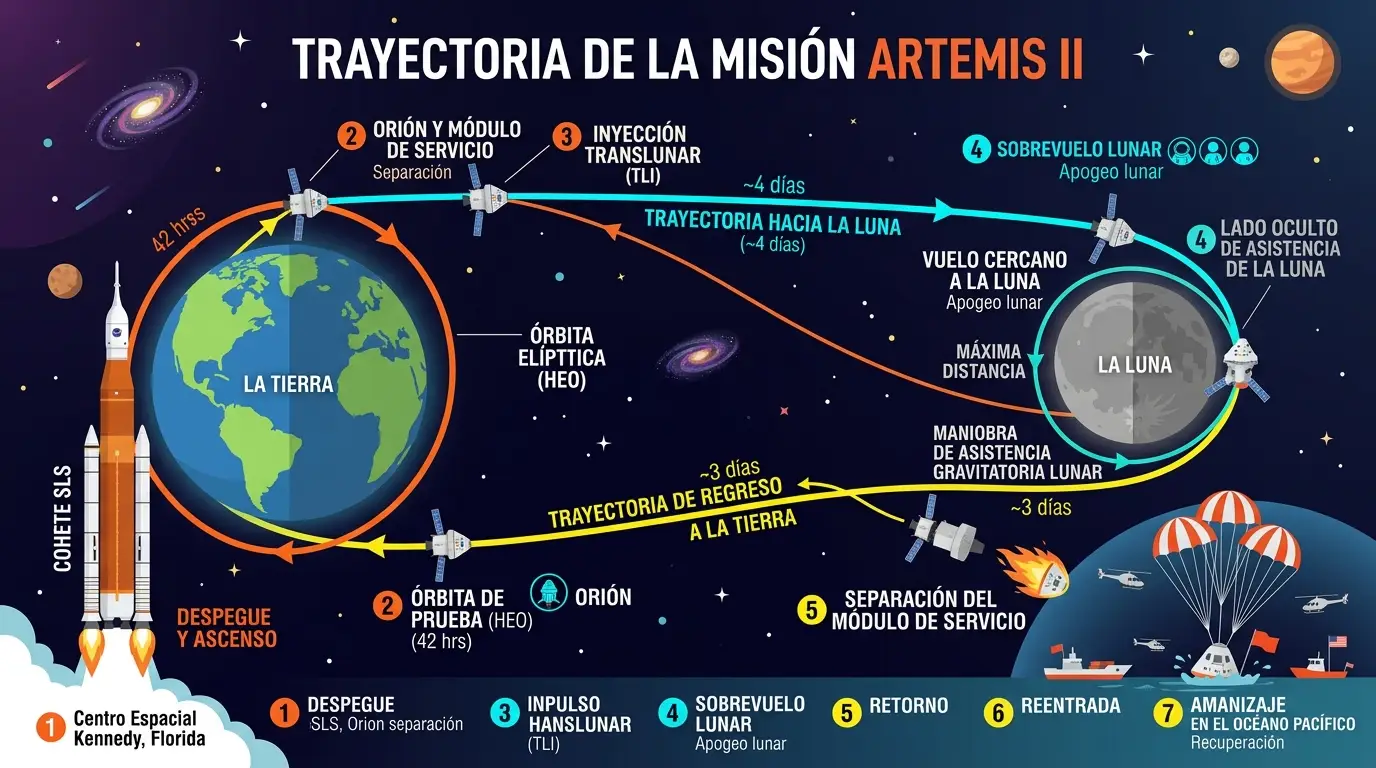 Artemis II: pruebas irrefutables de que la misión es real 2 Trayectoria de vuelo de 10 días de la misión Artemis II, desde su lanzamiento en la Tierra hasta el sobrevuelo lunar y su amerizaje en el océano Pacífico.