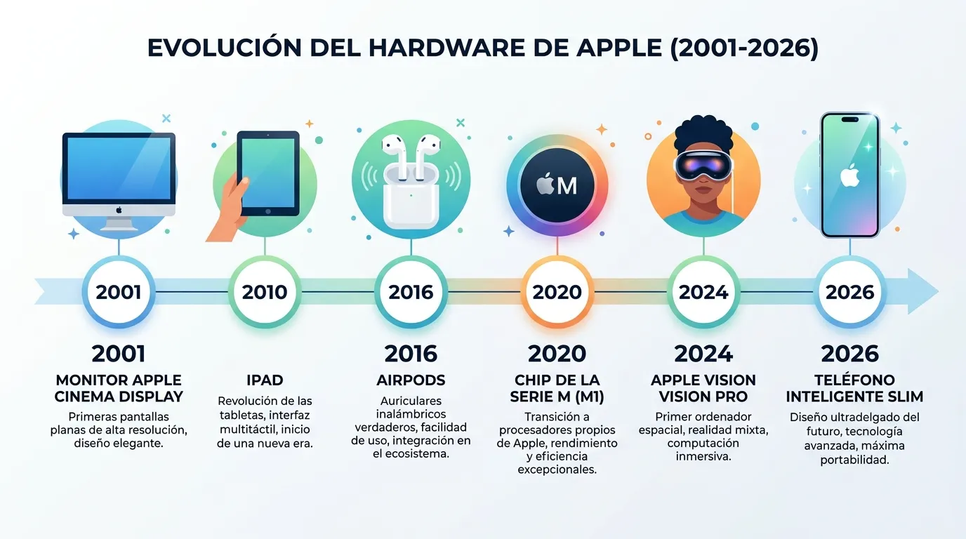 Evolución histórica del hardware de Apple durante la trayectoria de John Ternus en el equipo de diseño y liderazgo.