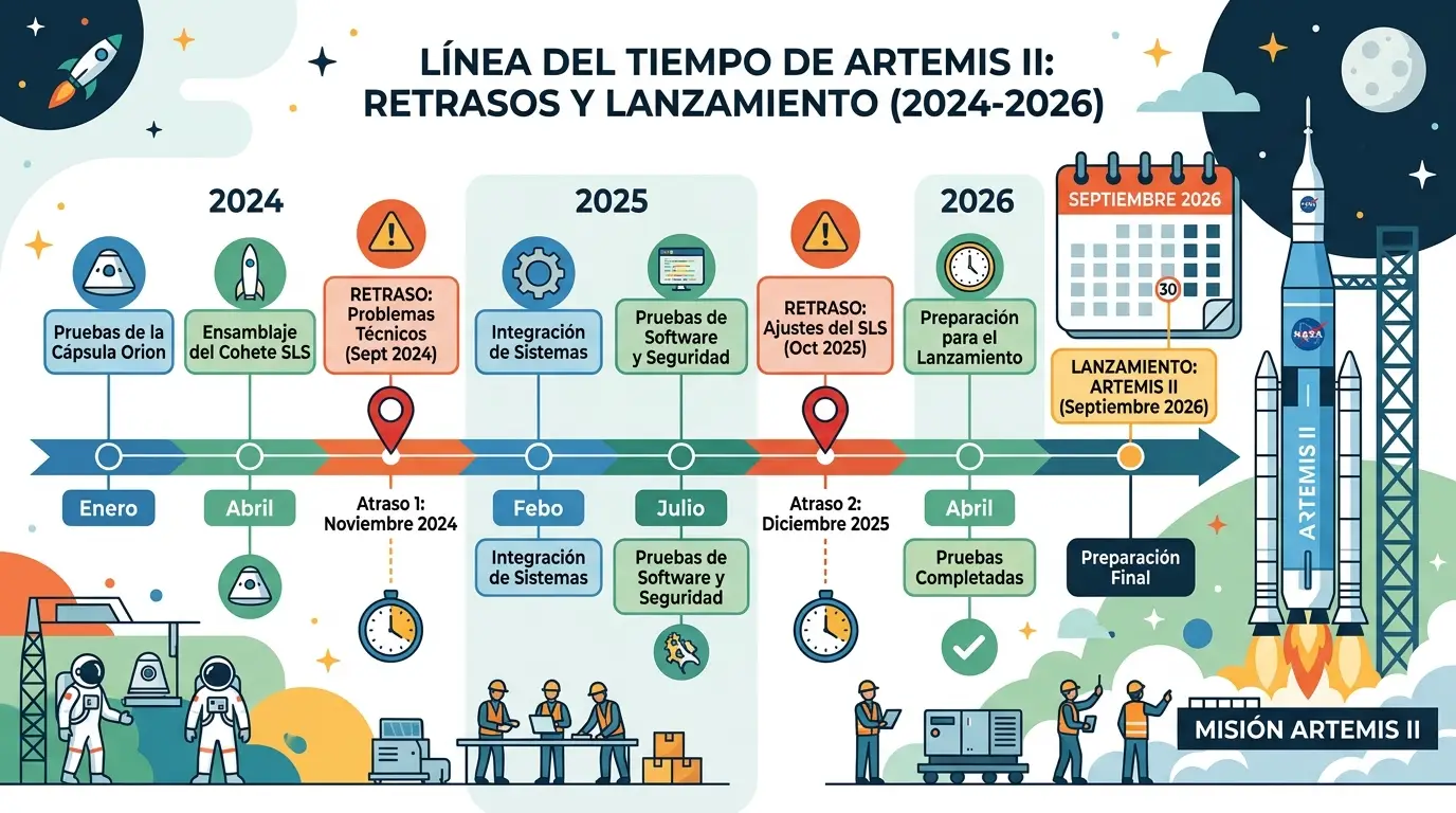 Las mejores frases de astronautas del Artemis II 1 Cronograma de la misión Artemis II, desde las fechas iniciales de 2024 hasta el despegue en 2026.