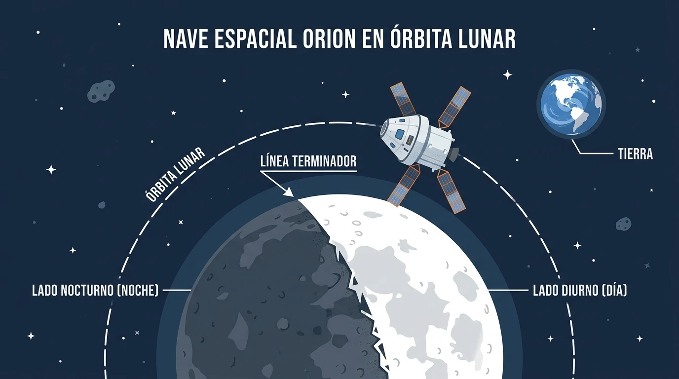 Las mejores frases de astronautas del Artemis II 2 Diagrama de la trayectoria de retorno libre de la cápsula Orión y la línea del terminador lunar.