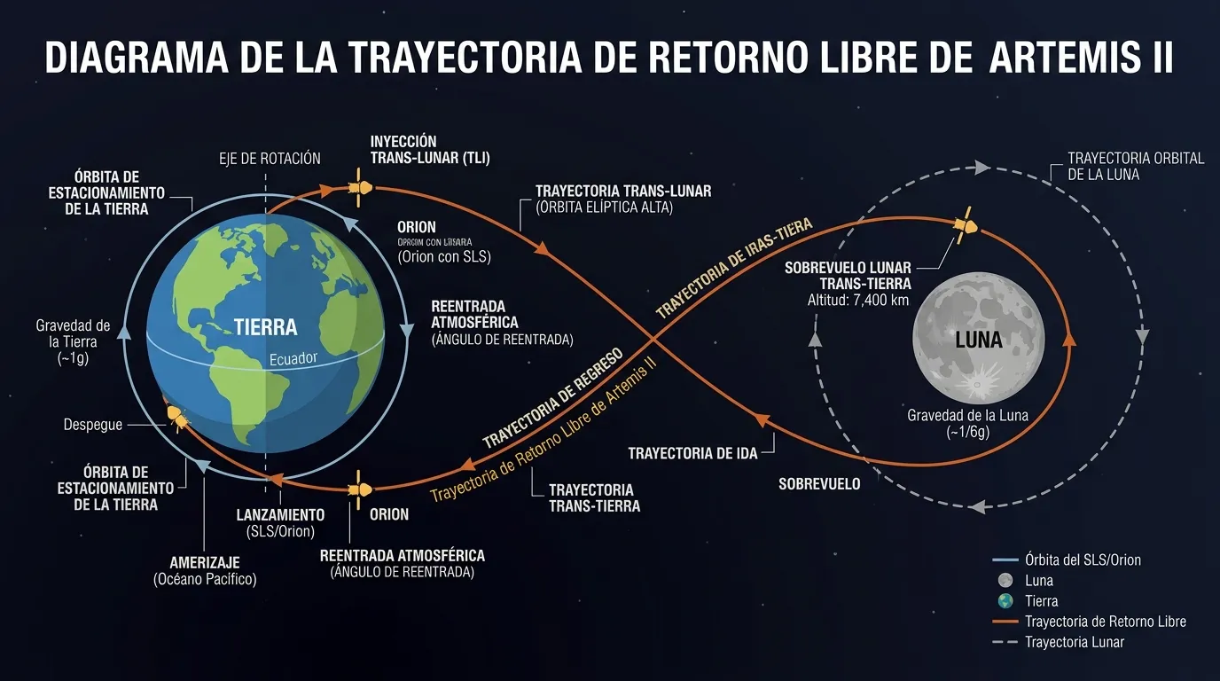 Por qué la misión Artemis II no alunizó en la Luna 1 Esquema de la trayectoria de retorno libre de la misión Artemis II, mostrando el recorrido desde la Tierra alrededor de la Luna y de regreso mediante el uso de asistencia gravitacional.