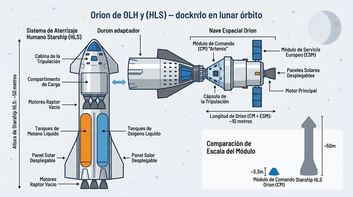 Por qué la misión Artemis II no alunizó en la Luna 2 Comparativa de escala entre la nave Orion y el sistema de aterrizaje humano (HLS) Starship, cuya integración en órbita lunar está programada para la misión Artemis III.