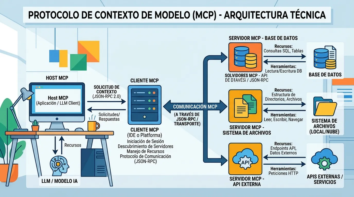 Qué es WebMCP y MCP en la arquitectura de software 1 Arquitectura de red del Model Context Protocol detallando la separación entre cliente, anfitrión y servidores.