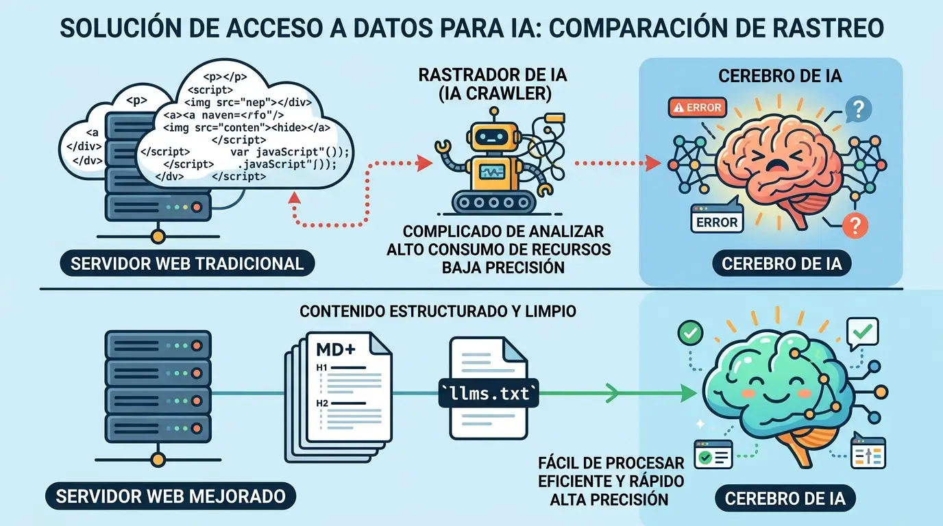 ¿Sirve el llms.txt para el SEO en 2026? Análisis y datos 1 Diferencia teórica de procesamiento: La promesa inicial del formato Markdown para simplificar el análisis de datos por parte de modelos de lenguaje frente al código HTML tradicional.