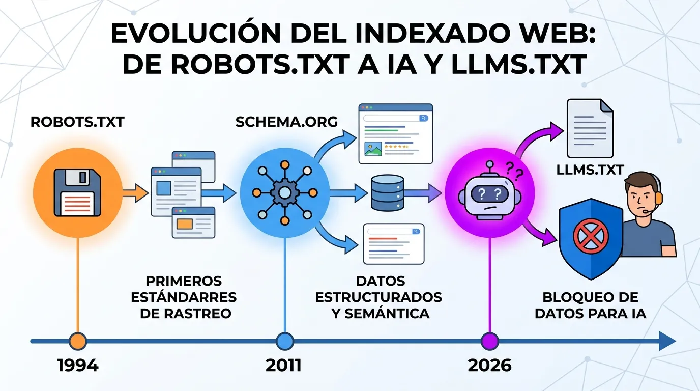 ¿Sirve el llms.txt para el SEO en 2026? Análisis y datos 2 Evolución histórica de los protocolos de rastreo web, destacando el rechazo de la comunidad de desarrolladores hacia estándares no oficiales en la era generativa.