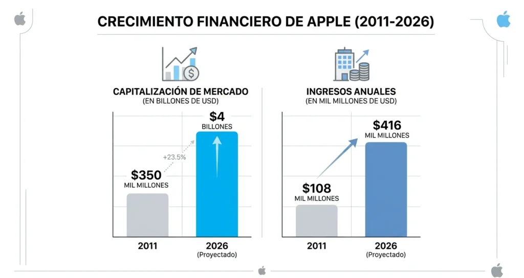 ¿Tim Cook fue un buen CEO de Apple? Análisis de su legado 1 Crecimiento financiero e institucional de Apple bajo la gestión de Tim Cook (2011-2026).