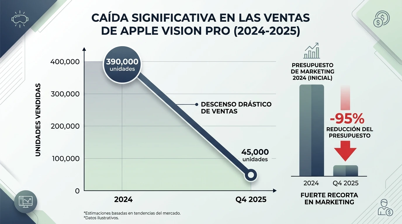 ¿Tim Cook fue un buen CEO de Apple? Análisis de su legado 2 Caída en las ventas trimestrales y reducción del presupuesto de marketing del dispositivo Apple Vision Pro entre 2024 y 2025.