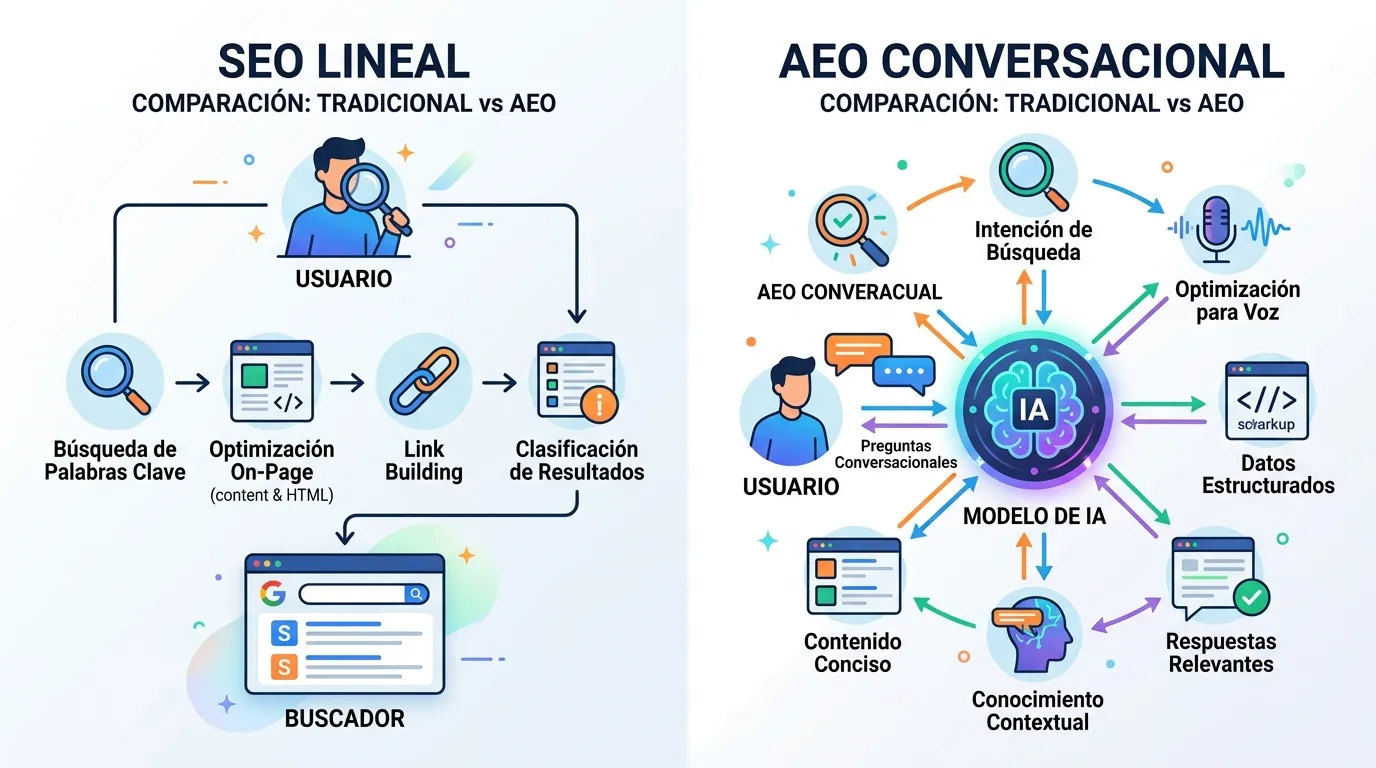 AEO: guía estratégica para dominar la búsqueda generativa 1 Comparativa entre el flujo de búsqueda tradicional y el nuevo modelo de optimización para motores de respuesta.
