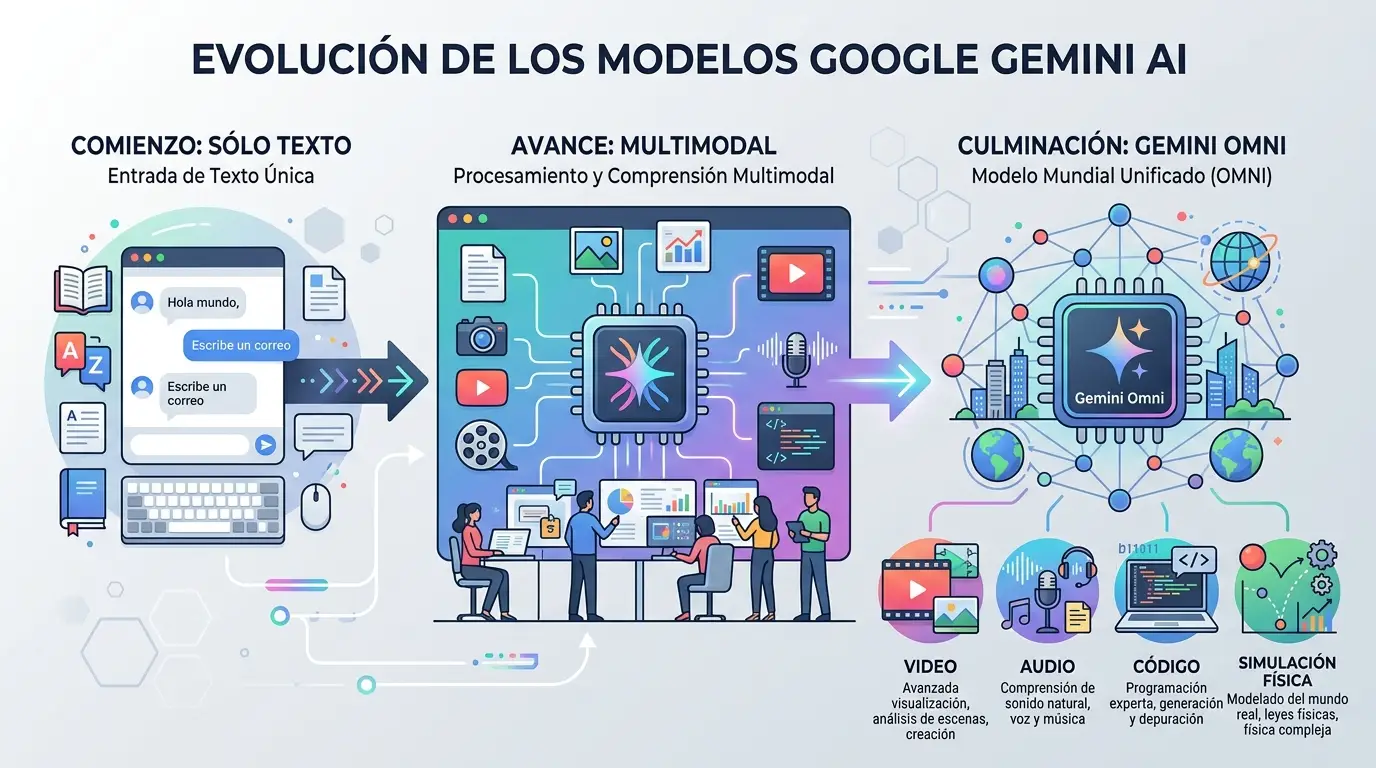Análisis de los lanzamientos más importantes de Google I/O 2026 1 Evolución de la arquitectura de red neuronal desde modelos de lenguaje hasta el modelo del mundo multimodal Gemini Omni.