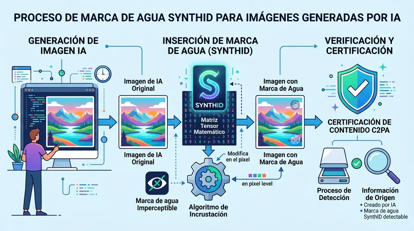 Análisis de los lanzamientos más importantes de Google I/O 2026 2 Proceso de inserción y certificación de marcas de agua a nivel de tensor mediante el protocolo SynthID y C2PA.