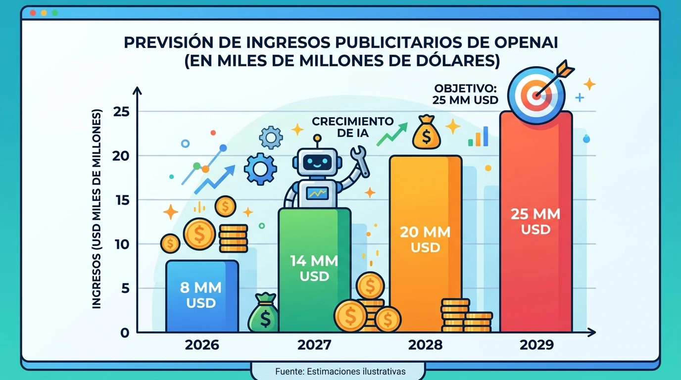 ChatGPT Ads Manager: cómo funciona 2 Proyección de ingresos publicitarios de OpenAI (2026-2029).