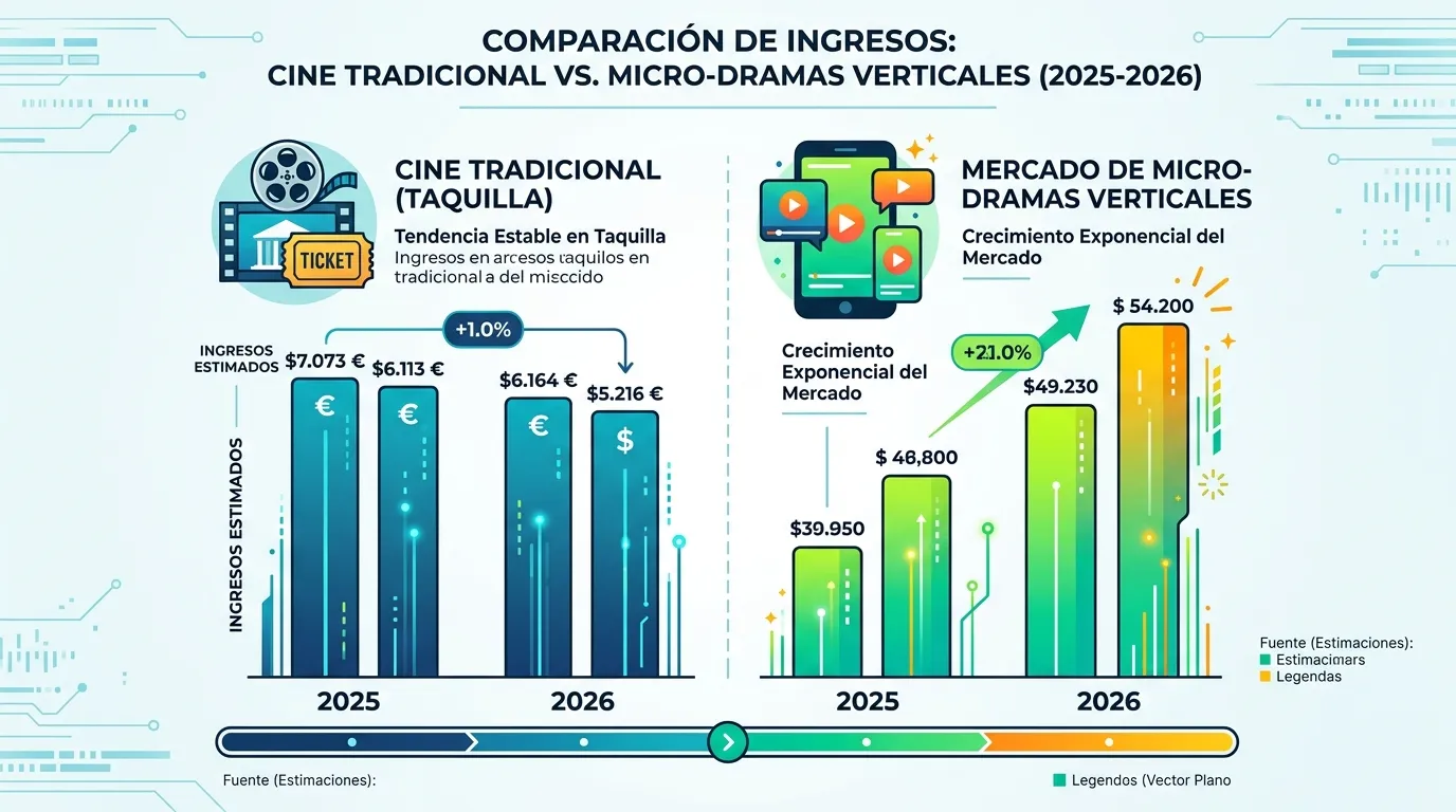 Cómo los micro-dramas transforman la industria del cine 1 Comparativa de ingresos globales: Taquilla tradicional frente al mercado emergente de micro-dramas (2025-2026).