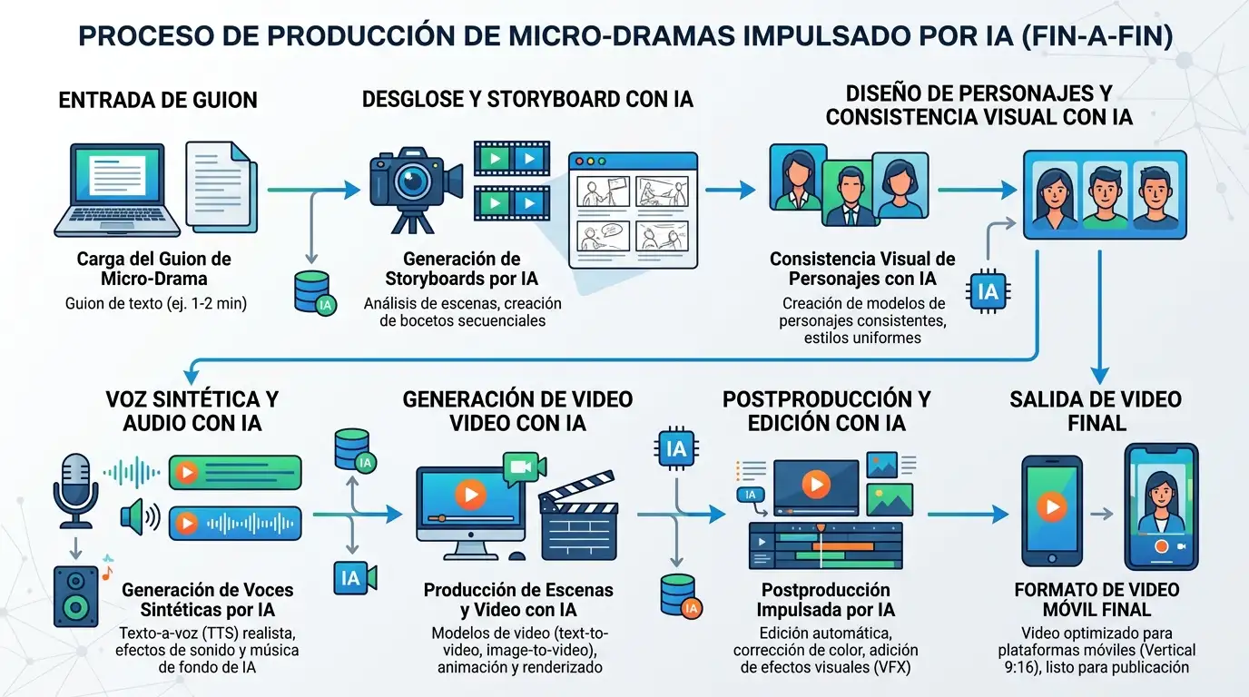 Cómo los micro-dramas transforman la industria del cine 2 Flujo de trabajo automatizado: Cómo la Inteligencia Artificial genera series verticales prescindiendo de equipos de filmación tradicionales.