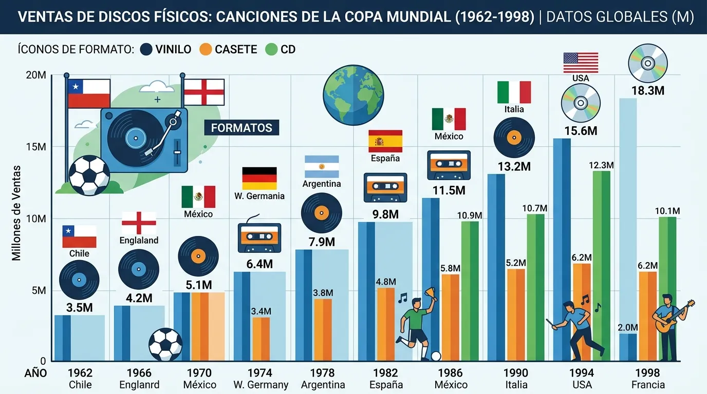 Evolución de ventas de música deportiva en formatos físicos (1962-1998).