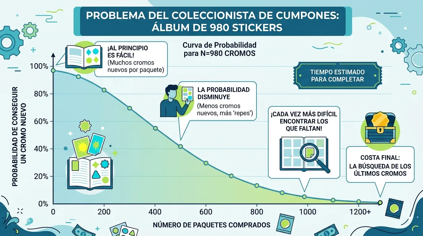 Curva de probabilidad de obtener láminas nuevas a medida que se llena el álbum, ilustrando el Problema del Coleccionista de Cupones.